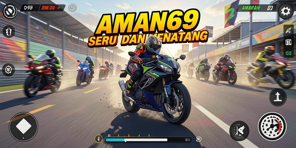 Tampilan gameplay AMAN69 saat balapan motor penuh adrenalin.