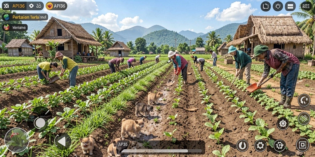 Screenshot gameplay API36 menampilkan suasana ladang yang indah dan aktivitas bertani.