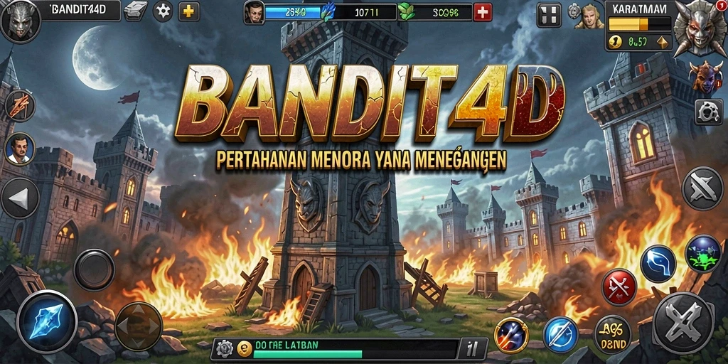 Screenshot BANDIT4D menampilkan aksi pertahanan menara yang seru dan mendebarkan.