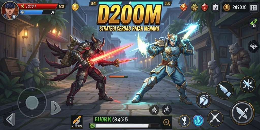 Screenshot utama D200M menampilkan aksi strategi yang intens.