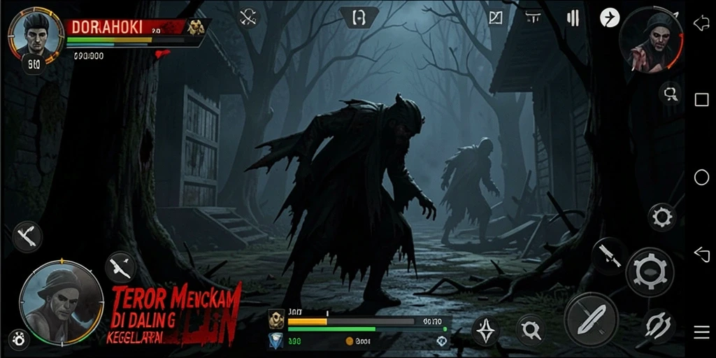 Tampilan gameplay DORAHOKI menampilkan suasana horror yang mencekam.