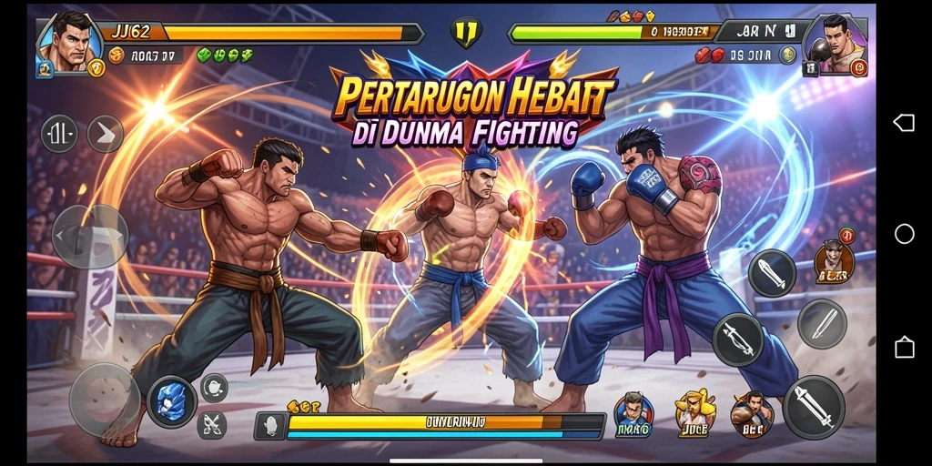 Screenshot utama JJ62 menampilkan pertarungan seru antara karakter dengan efek visual yang menarik.