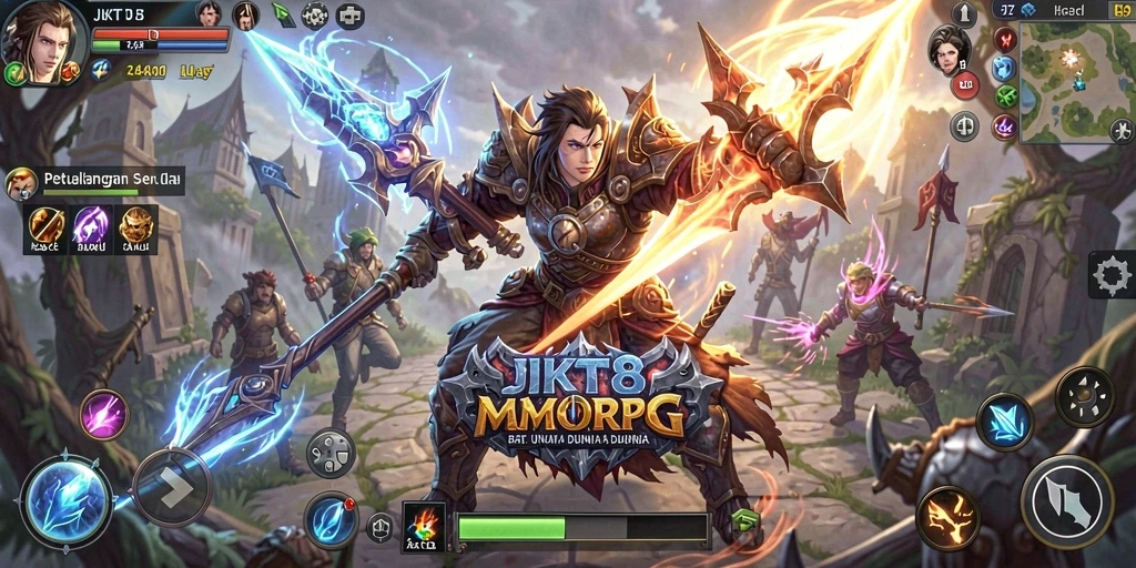 Tangkapan layar menunjukkan pertarungan epik dalam JKT8, menampilkan grafis game MMORPG.