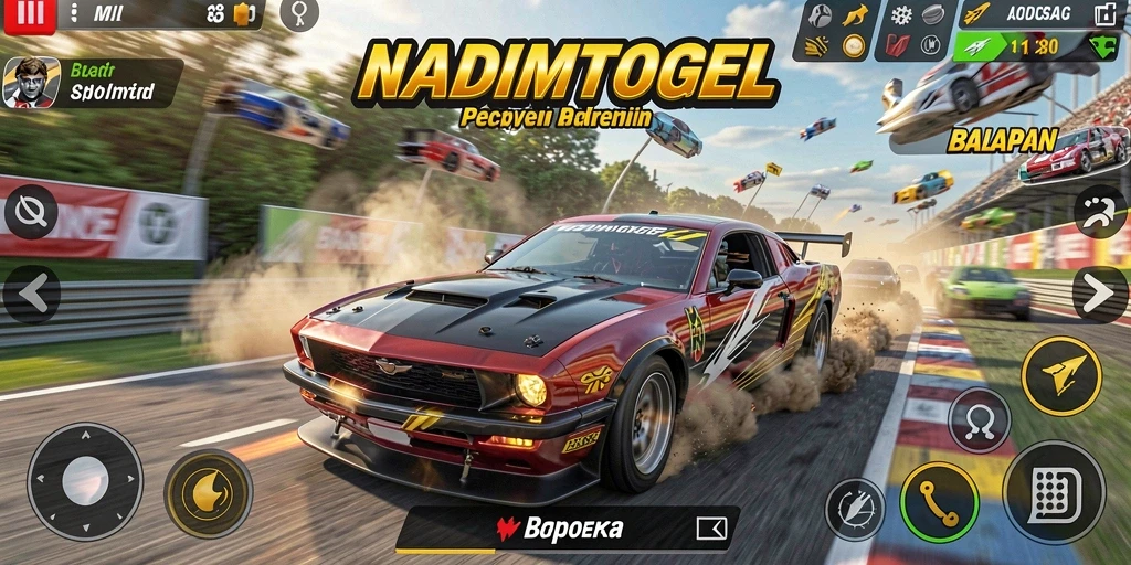 Screenshot gameplay NADIMTOGEL dengan mobil balap melaju cepat di lintasan.