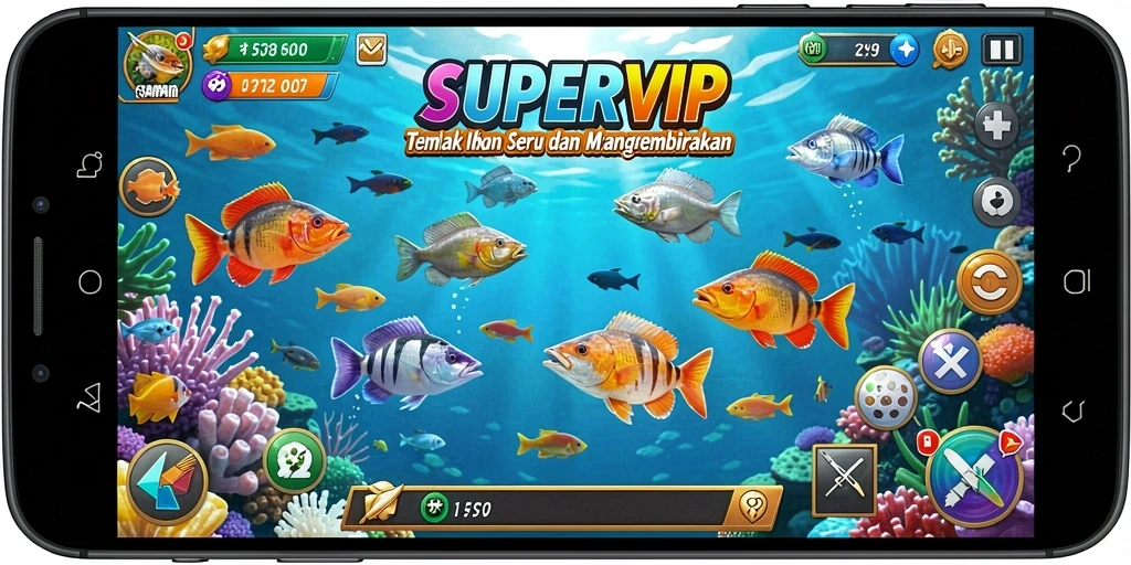 Screenshot gameplay SUPERVIP menampilkan aksi seru menembak ikan.