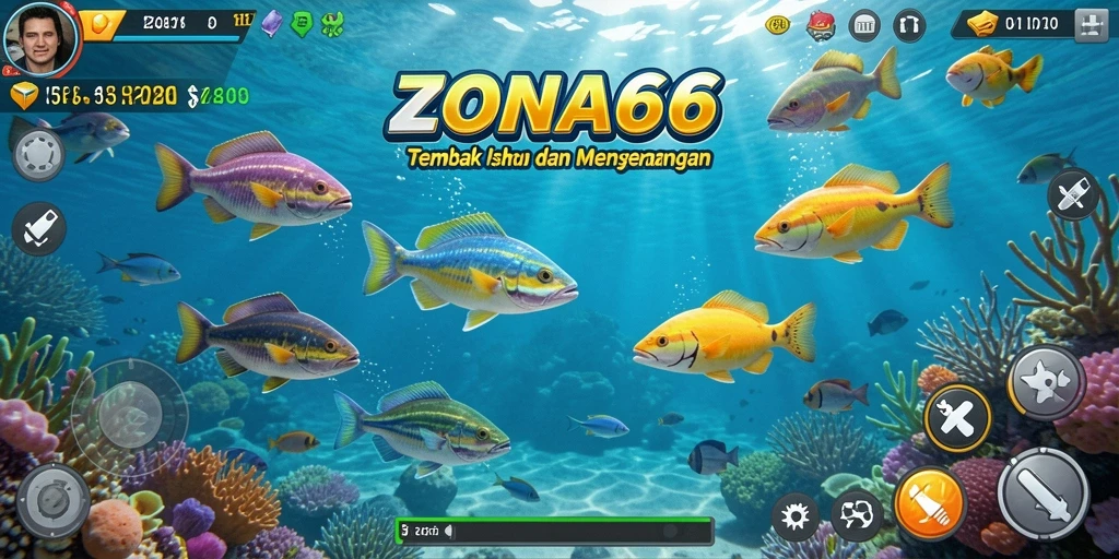 Screenshot game ZONA66 menampilkan aksi menembak ikan yang seru dan penuh warna.